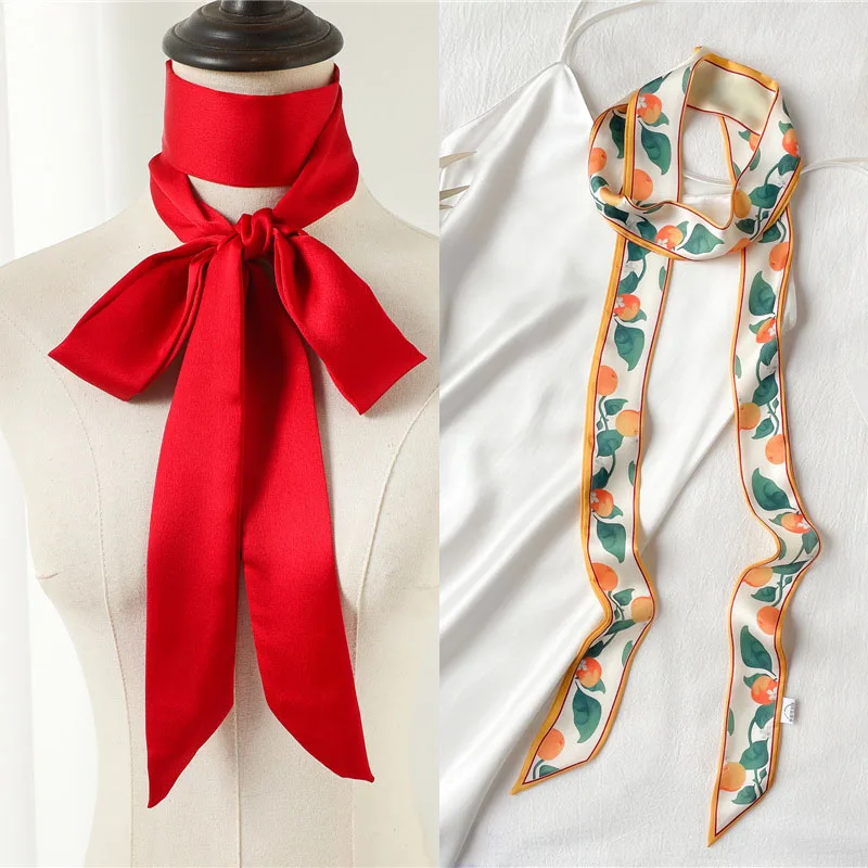 

Однотонный длинный Шелковый Атласный шейный платок с принтом, модный галстук-бабочка, узкие шарфы, сумочка для девочек, длинный ремень, фуля...