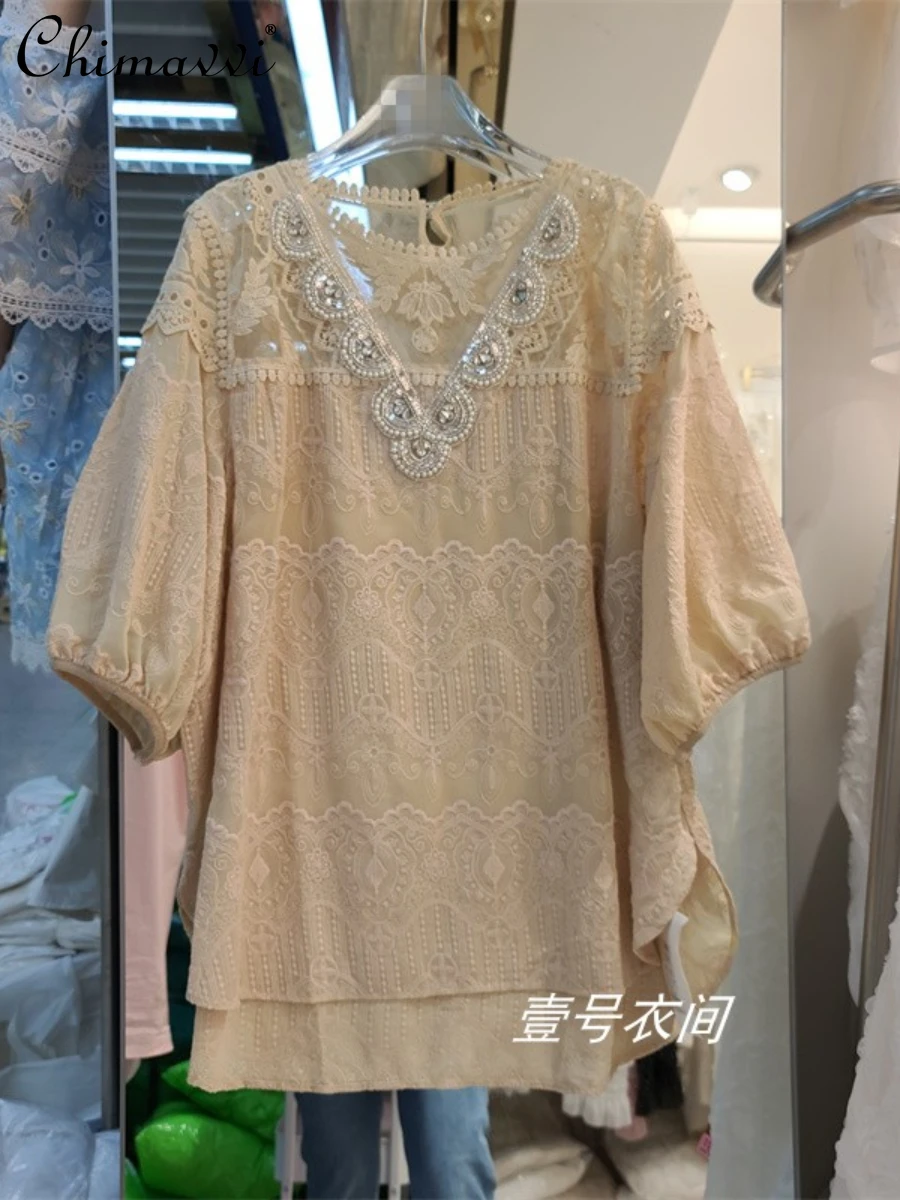 European Style 2022 Summer New Fashion Hollowed-out Heavy Beads Puff Sleeve Lace Shirts Loose Temperament Women Tops All-match
European Style 2022 Summer New Fashion Hollowed-out Heavy Beads Puff Sleeve Lace Shirts Loose Temperament Women Tops All-match