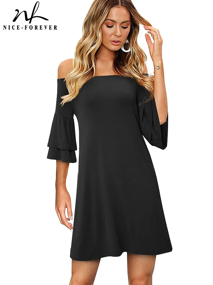 

Nice-forever Summer Women Fashion Off the Shoulder Dresses Casual Holiday Shift Loose Dress 2btyA165