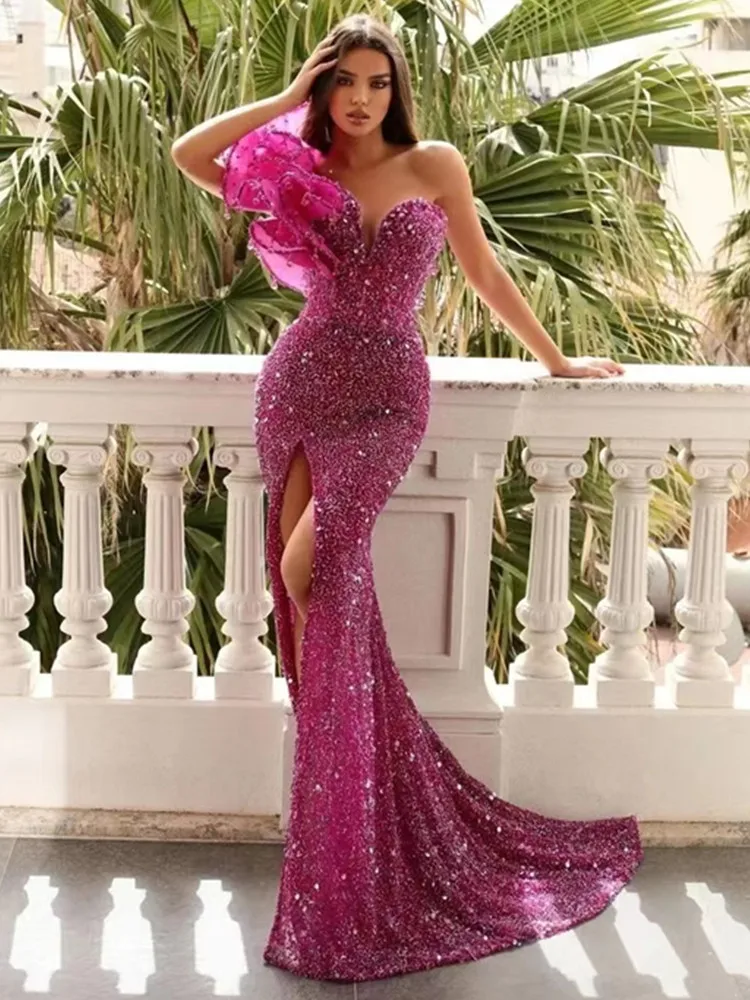 Summer Women Sexy One Shoulder Ruffles Pearl Sequins Pink Split Maxi Long Bodycon Gowns Dress Elegant Evening Party Club Dress
Summer Women Sexy One Shoulder Ruffles Pearl Sequins Pink Split Maxi Long Bodycon Gowns Dress Elegant Evening Party Club Dress