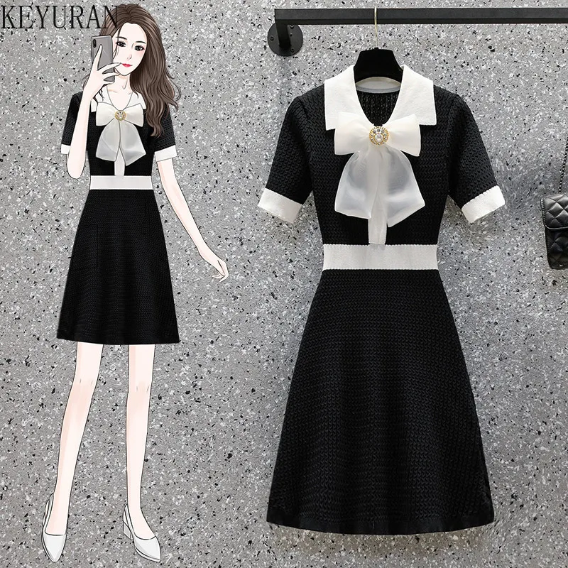 Summer Diamond Bow Short Sleeve Knitted Dress Women Elegant Sweet Black White Hit Color Turn Down Collar Sweater Dress Vestidos
Summer Diamond Bow Short Sleeve Knitted Dress Women Elegant Sweet Black White Hit Color Turn Down Collar Sweater Dress Vestidos