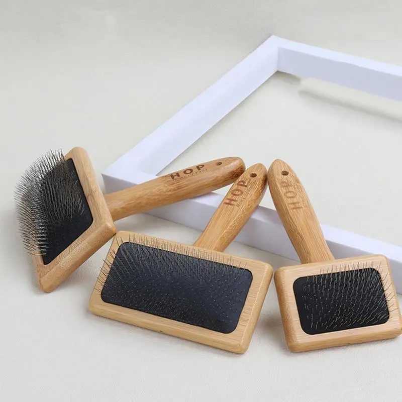 

Cat Brush Self-Cleaning Slicker Pets Grooming Tool With Wood Handle Bevel Bristle Shedding And Dematting Undercoat Rake Comb