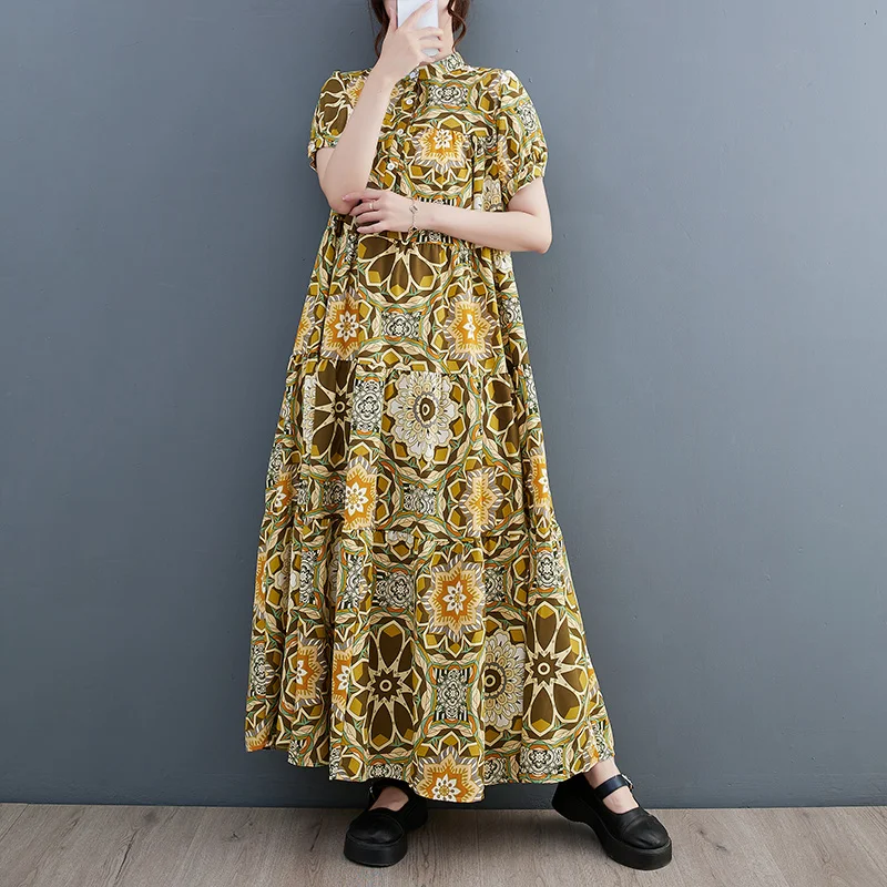 #3278 Vintage Printed A-line Dress Stand Collar Buttons Pinted A-line Dress Ankle-length Summer Long Shirt Dress Short Sleeve
#3278 Vintage Printed A-line Dress Stand Collar Buttons Pinted A-line Dress Ankle-length Summer Long Shirt Dress Short Sleeve