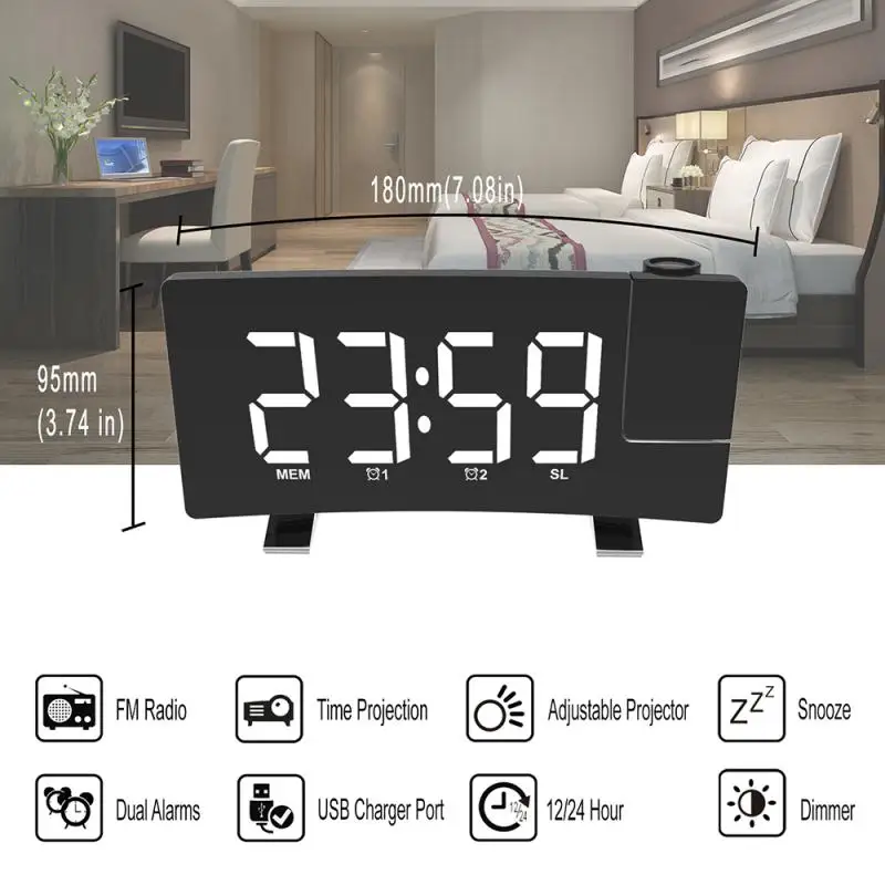 

FM76-108 Band Radio Clock Digital 8 Inch LED Projector Projection Snooze Alarm Clock Radio Timer Backlight 3W Speakers