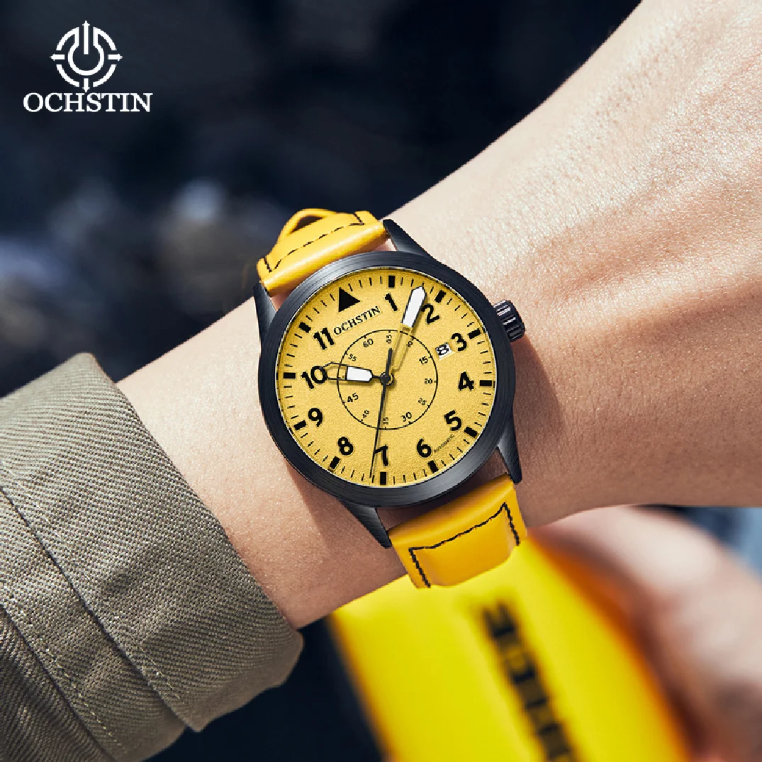 

OCHSTIN Luxury Men Genuine Leather Band Automatic Mechanical Yellow Watch Classic Multifunctional Auto Date Week Dial Wristwatch