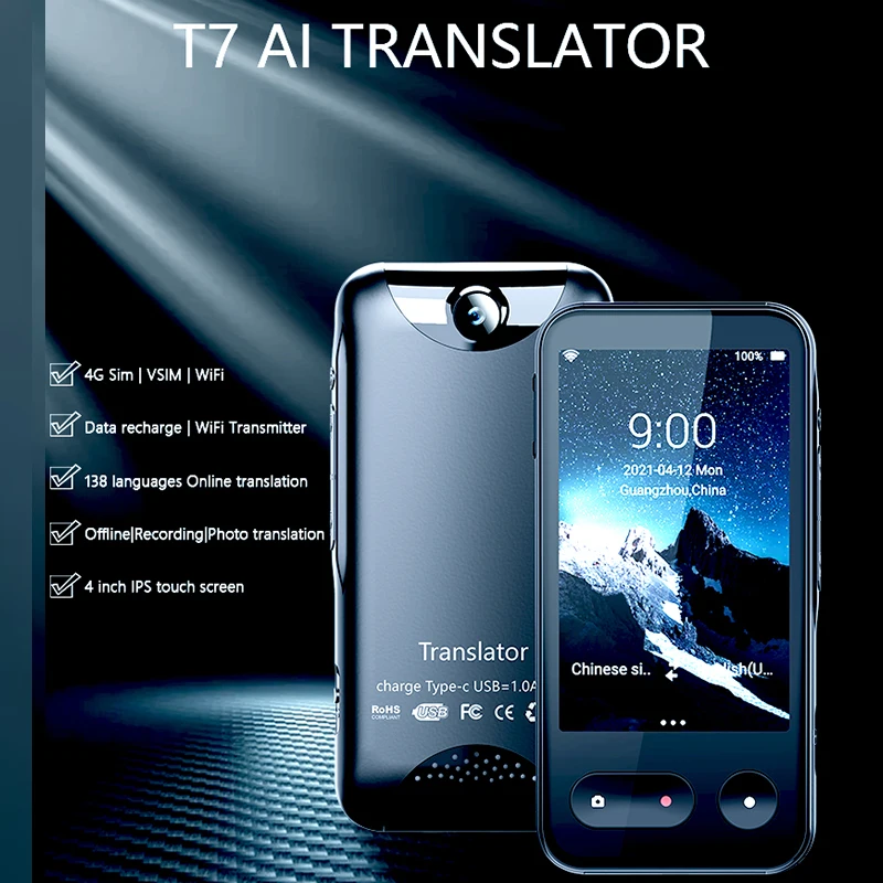 

T7 Portable Connect with WiFi 4G Hotspot SIM Smart Translator Offline Instant Translate 138 Languages Support Photo Translation