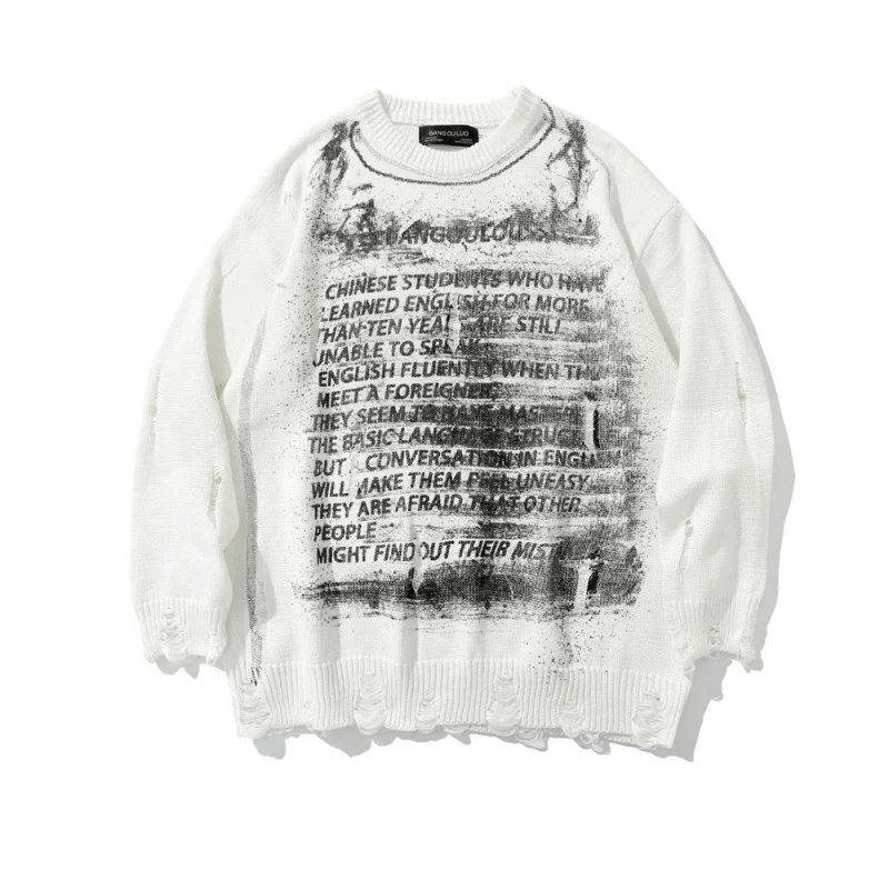 Dark Letter Print Broken Ripped Sweater Men's High Street Fashion Brand Loose round Neck Pullover Sweater
Dark Letter Print Broken Ripped Sweater Men's High Street Fashion Brand Loose round Neck Pullover Sweater