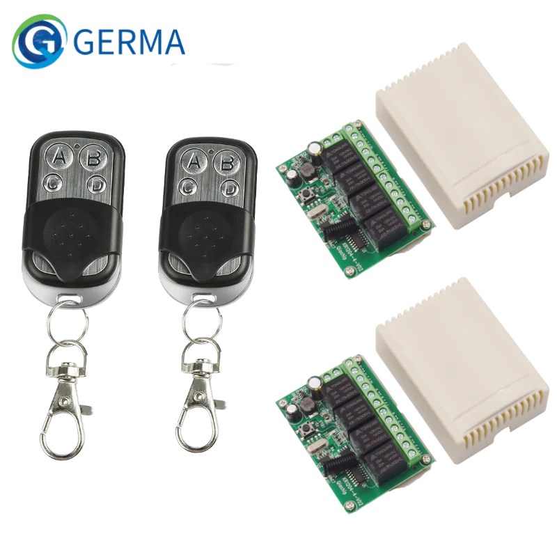 GERMA 433Mhz Remote Controls DC 12V 24V 10A Wireless Remote Switch 4CH Relay Module Receiver and 4 chanel EV1527 RF Transmitter
GERMA 433Mhz Remote Controls DC 12V 24V 10A Wireless Remote Switch 4CH Relay Module Receiver and 4 chanel EV1527 RF Transmitter