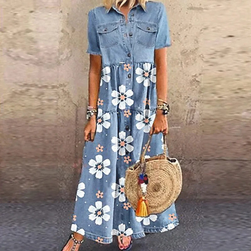 Summer Women Elegant Turn-down Collar Pockets Party Dress Retro Dress Plus Size Short Sleeve Leopard Patchwork Denim Style Dress
Summer Women Elegant Turn-down Collar Pockets Party Dress Retro Dress Plus Size Short Sleeve Leopard Patchwork Denim Style Dress