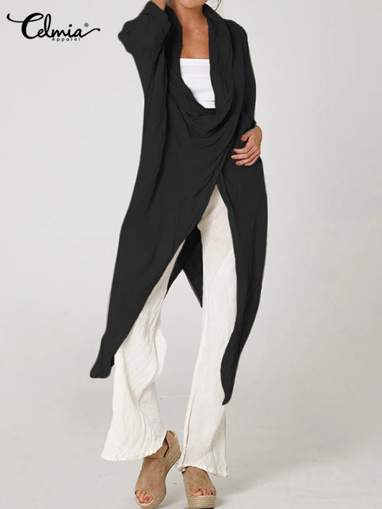 

Celmia 2023 Long Sleeve Asymmetrical Long Shirts Summer Cowl Neck Thin Blusas Breathable Women Vintage Casual Loose Blouses