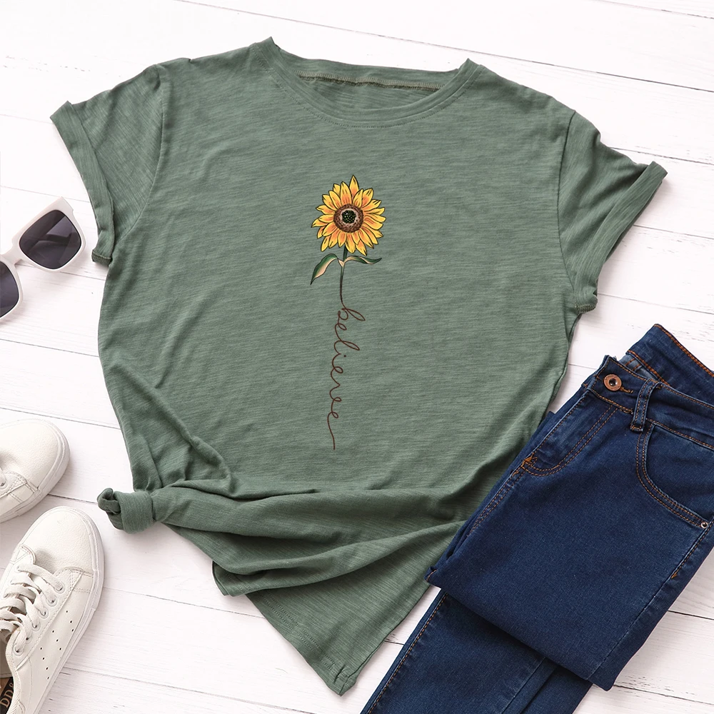 Women Sunflower Believes Graphic Tees Female T Shirts Clothes Short Sleeve 100% Cotton Funny Tee Tops Shirt
Women Sunflower Believes Graphic Tees Female T Shirts Clothes Short Sleeve 100% Cotton Funny Tee Tops Shirt