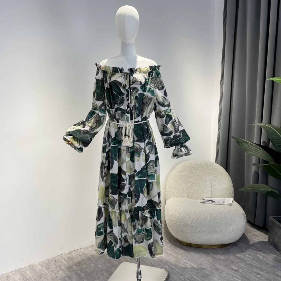 2022 Autumn Woman Fashion Green Geometric Painting Print High Quality Long Lantern Sleeve Off Shoulder Midi Loose Style Dresses
2022 Autumn Woman Fashion Green Geometric Painting Print High Quality Long Lantern Sleeve Off Shoulder Midi Loose Style Dresses