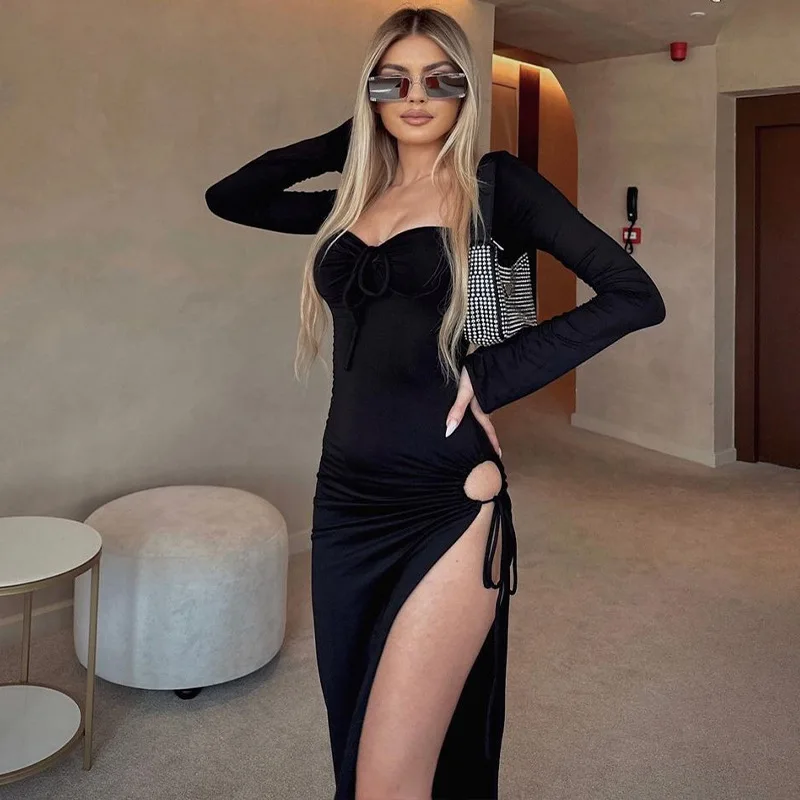 

Черное платье-макси с длинным рукавом, женское сексуальное облегающее длинное платье с высоким разрезом, осенне-зимнее модное Бандажное вечернее Клубное платье, модель 2023 года