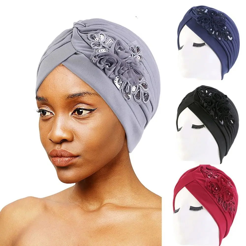 

Women Ladies Bandana Headwear Sequin Flower Head Wrap Indian Inner Hijabs Sleep Cap Muslim Turban Hat