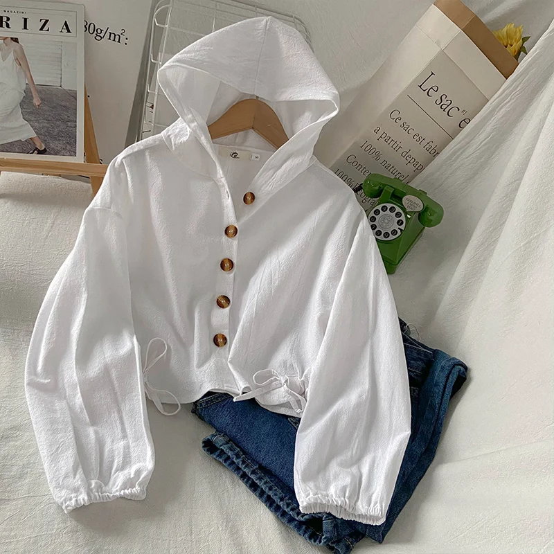 White Hooded Long-sleeve Shirts Women 2022 Spring New Korean Loose Short Shirring Tops Sunscreen Coat Cardigan Female Clothing
White Hooded Long-sleeve Shirts Women 2022 Spring New Korean Loose Short Shirring Tops Sunscreen Coat Cardigan Female Clothing