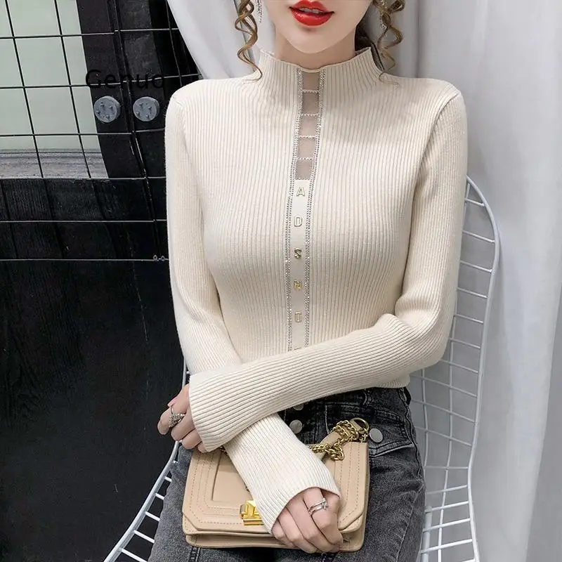 

Hollow Out Thicken Knitted Spliced Net Yarn Sweater Shirt New Women Pullover Long Sleeve Inside Mock Neck Diamonds Letters Tops