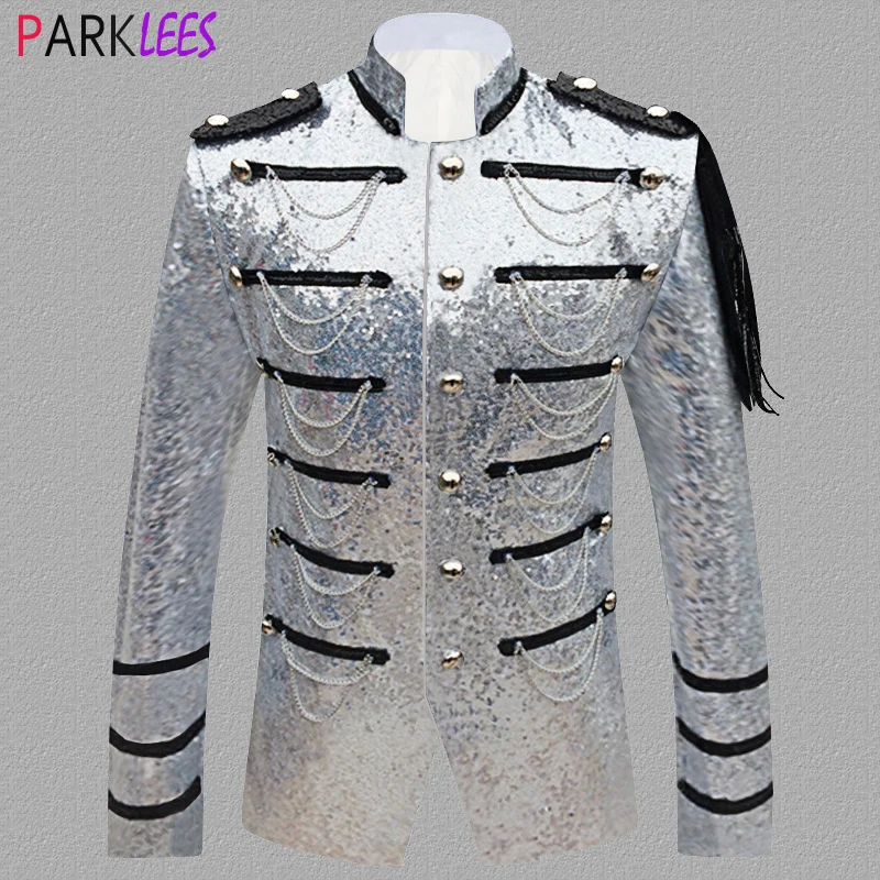 Shiny Silver Sequin Military Blazer Jacket Men Stage Party Steampunk Mens Suit Jacket Singer Show DJ Rock and Roll Costume Homme
Shiny Silver Sequin Military Blazer Jacket Men Stage Party Steampunk Mens Suit Jacket Singer Show DJ Rock and Roll Costume Homme