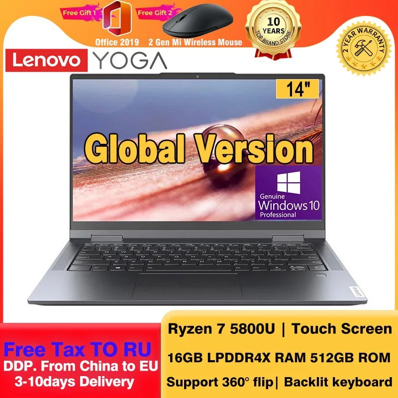 

Lenovo YOGA 14c 2022 Laptop 360 Touch Screen Ryzen R7 5800U 16GB RAM 512GB SSD ROM PC Windows 10 Pro Notebook Global Version