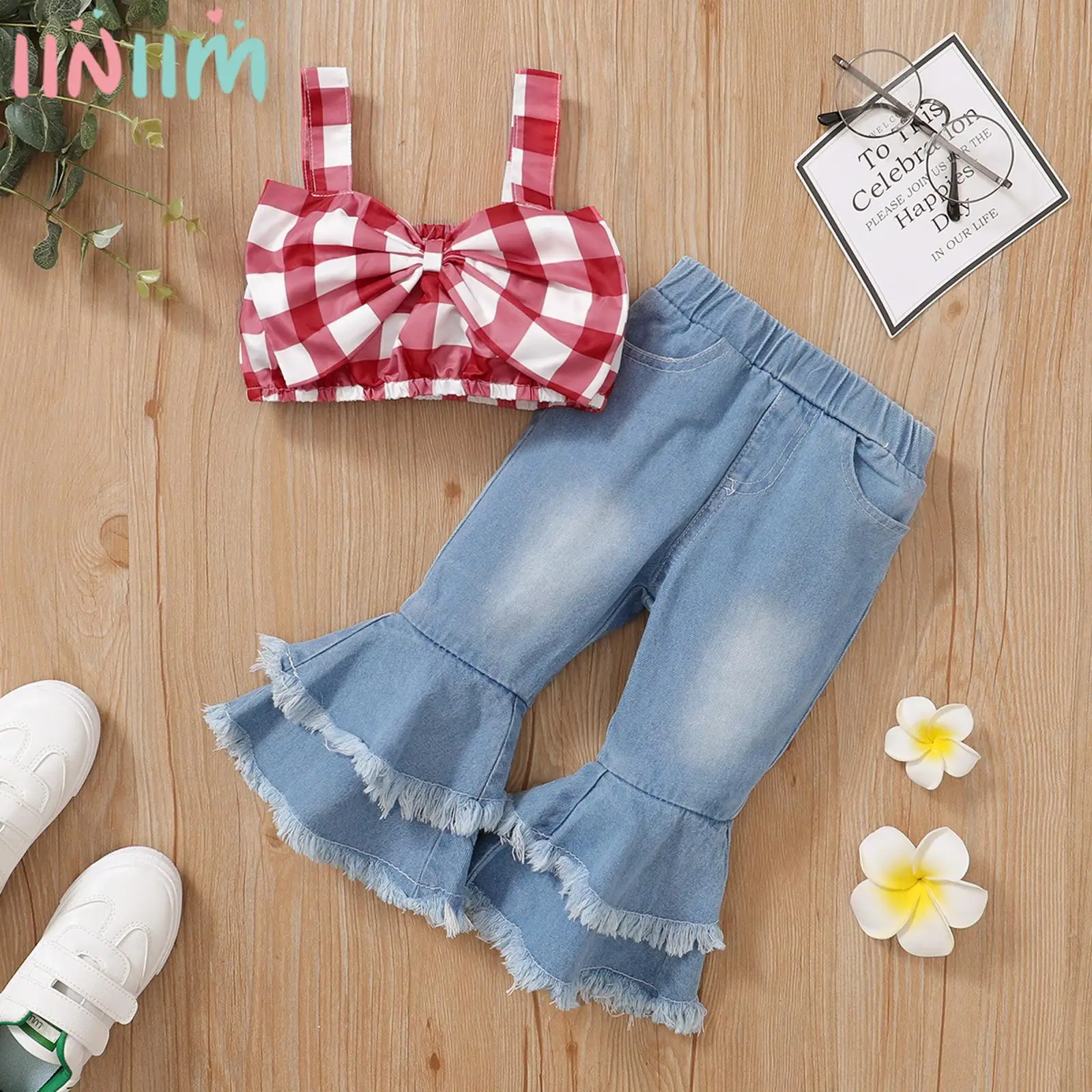 Summer Infant Girls Casual Clothes Sets Sleeveless Bowknot Plaid Top with Bell-bottom Jeans Preppy Style Outfit for Daily Wear
Summer Infant Girls Casual Clothes Sets Sleeveless Bowknot Plaid Top with Bell-bottom Jeans Preppy Style Outfit for Daily Wear