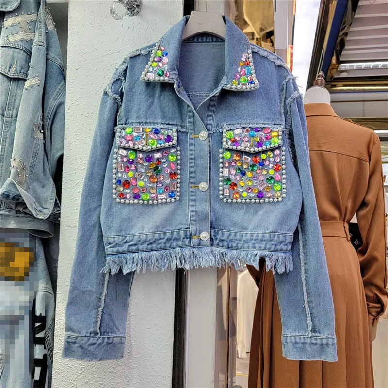 

Vintage Blue Multicolour Diamonds Big Pocket Denim Jacket Coat Women Loose Short Cowboy Outerwear Hem Frayed Jeans Jacket Female