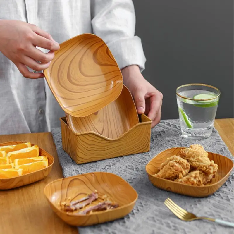 

Imitation Wood Snack Plates Plastic Creative Square Cake Plate Dried Fruit Snack Salads Sushi Dish Reusable Kitchen Tableware