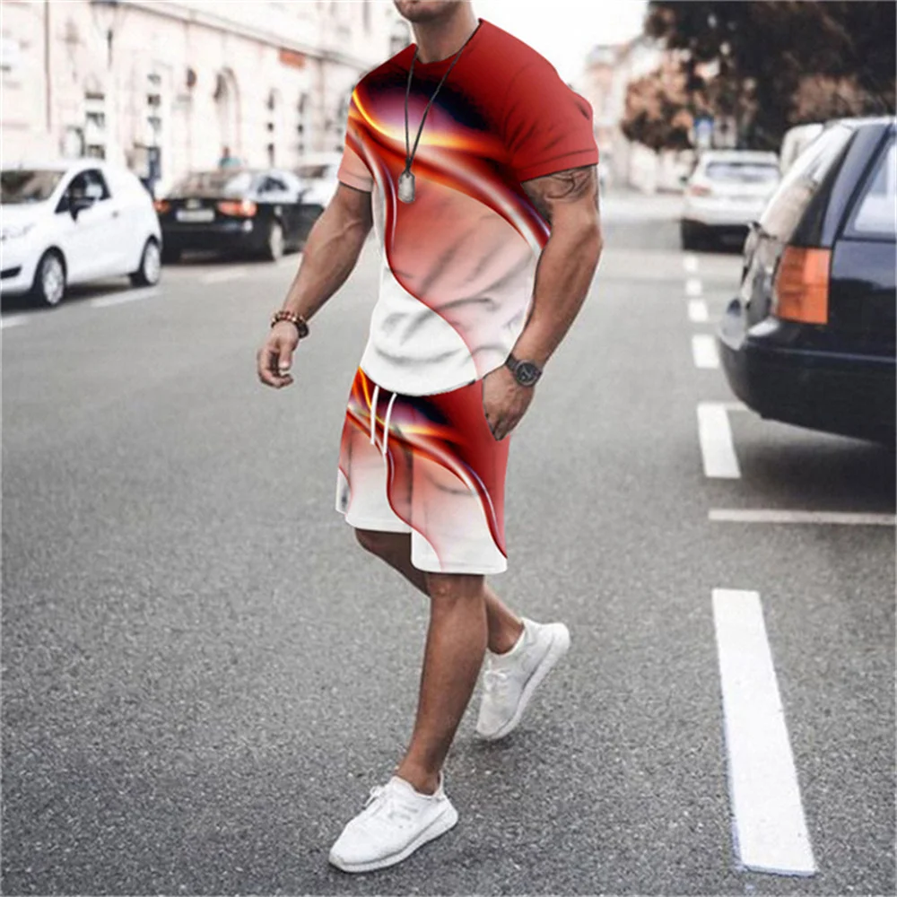 2023 Summer Men's Crew Neck T-shirt Beach Shorts Set 3d Splice Stripe Color Print Fashion Two Piece Breathable Casual Sportswear
2023 Summer Men's Crew Neck T-shirt Beach Shorts Set 3d Splice Stripe Color Print Fashion Two Piece Breathable Casual Sportswear
