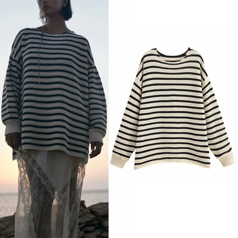Za Autumn Woman Knitting Texture Sweater Fashion Round Neck Long Sleeve Black Stripe Hollow Out Sweater Vintage Fashion Sweater
Za Autumn Woman Knitting Texture Sweater Fashion Round Neck Long Sleeve Black Stripe Hollow Out Sweater Vintage Fashion Sweater