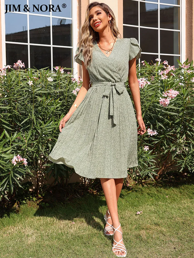 

JIM & NORA 2022 Summer Casual Floral Dress V-Neck for Women Elegant Short Sleeves Pleated Hem Casual Midi A-Line Belt Sundresses