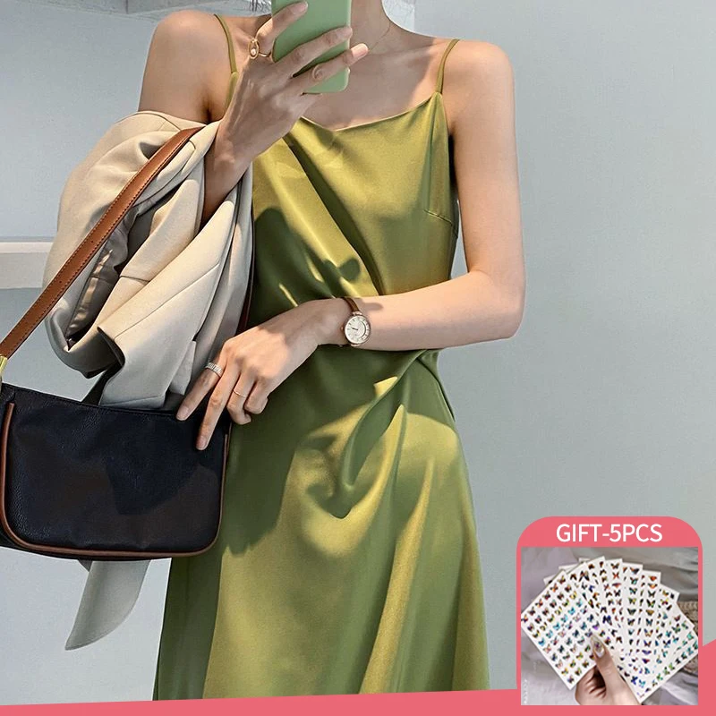Satin Silk Dress Women Summer Thin Suspenders Sleeveless Green Long Evening Party French Sexy Dress Beach Midi Dresses 
Satin Silk Dress Women Summer Thin Suspenders Sleeveless Green Long Evening Party French Sexy Dress Beach Midi Dresses