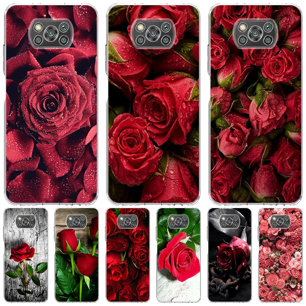 

Красивый чехол с красными розами для Xiaomi Poco X3 NFC X4 M4 Pro M3 F4 GT F3 F1, прозрачный чехол для телефона из ТПУ Redmi Note 10 9S K40 Mi 11 Lite