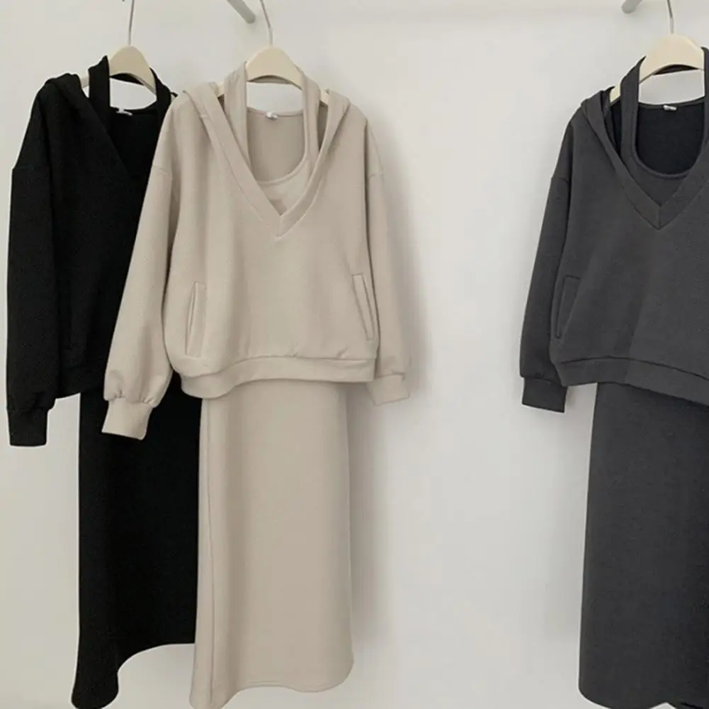 Women Hoodie Dress Suit Loose Halter Neck Sleeveless Dress Long Sleeve Top Thick Warm Lady Winter Fall Top Dress Set
Women Hoodie Dress Suit Loose Halter Neck Sleeveless Dress Long Sleeve Top Thick Warm Lady Winter Fall Top Dress Set