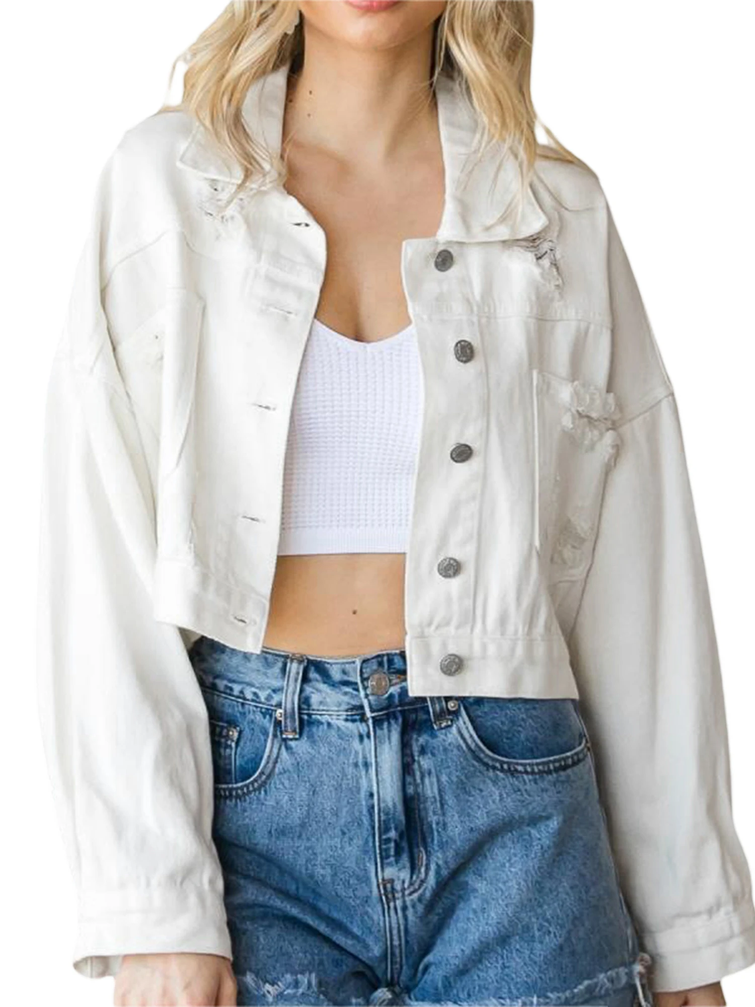 

Womens Crop Denim Fringe Jacket Distressed Ripped Tassel Fringe Hem Jacket Cropped Jean Jacket 90s Cowgirl Streetwear (C White