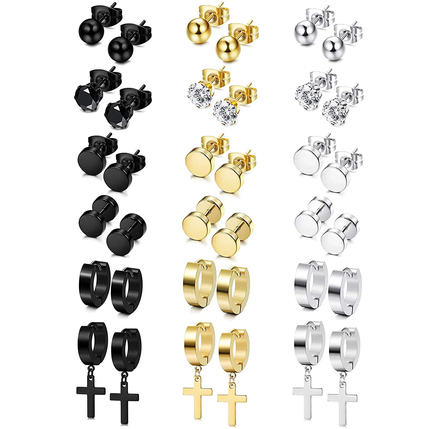 18 Pairs Stainless Steel CZ Stud Earrings for Men Women Round Ball Earrings Fake Ear Plug Huggie Hoop Cross Dangle Earrings
18 Pairs Stainless Steel CZ Stud Earrings for Men Women Round Ball Earrings Fake Ear Plug Huggie Hoop Cross Dangle Earrings