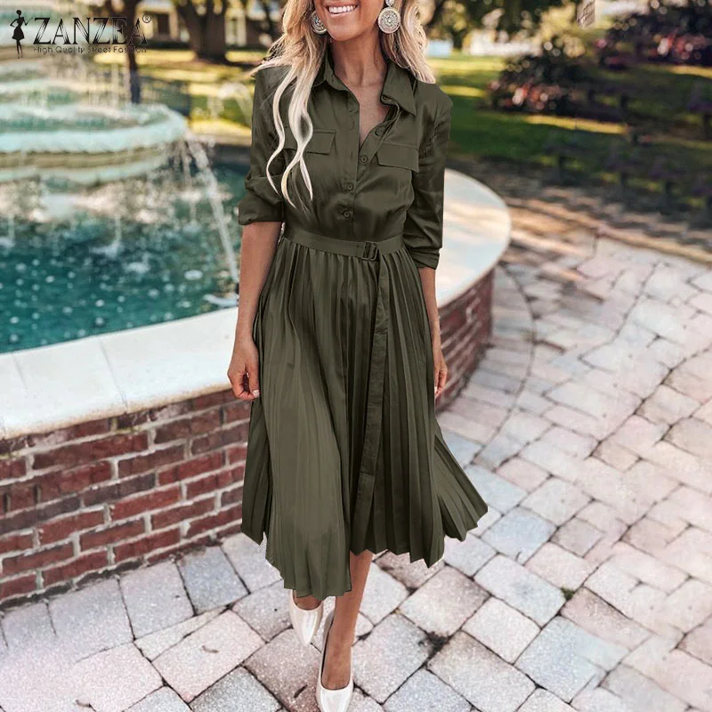 2022 Women Casual Long Sleeve Satin Sundress ZANZEA Elegant Lapel Belted Shirt Dress Spring Holiday Pleated Solid Kaftan Female
2022 Women Casual Long Sleeve Satin Sundress ZANZEA Elegant Lapel Belted Shirt Dress Spring Holiday Pleated Solid Kaftan Female