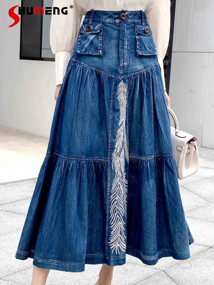 2022 Spring Summer New High Waist A- Line Denim Skirt Women's Mid Length Embroidery Skirt A-line Solid Color Jeans Skirt Faldas
2022 Spring Summer New High Waist A- Line Denim Skirt Women's Mid Length Embroidery Skirt A-line Solid Color Jeans Skirt Faldas