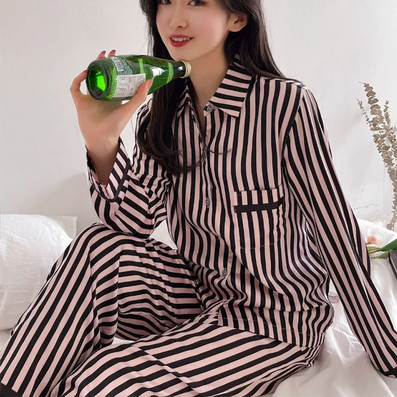 Long Womens Pajamas Striped Satin Sleepwear for Woman Laides Summer Autumn Loungewear Home Suits 2022
Long Womens Pajamas Striped Satin Sleepwear for Woman Laides Summer Autumn Loungewear Home Suits 2022