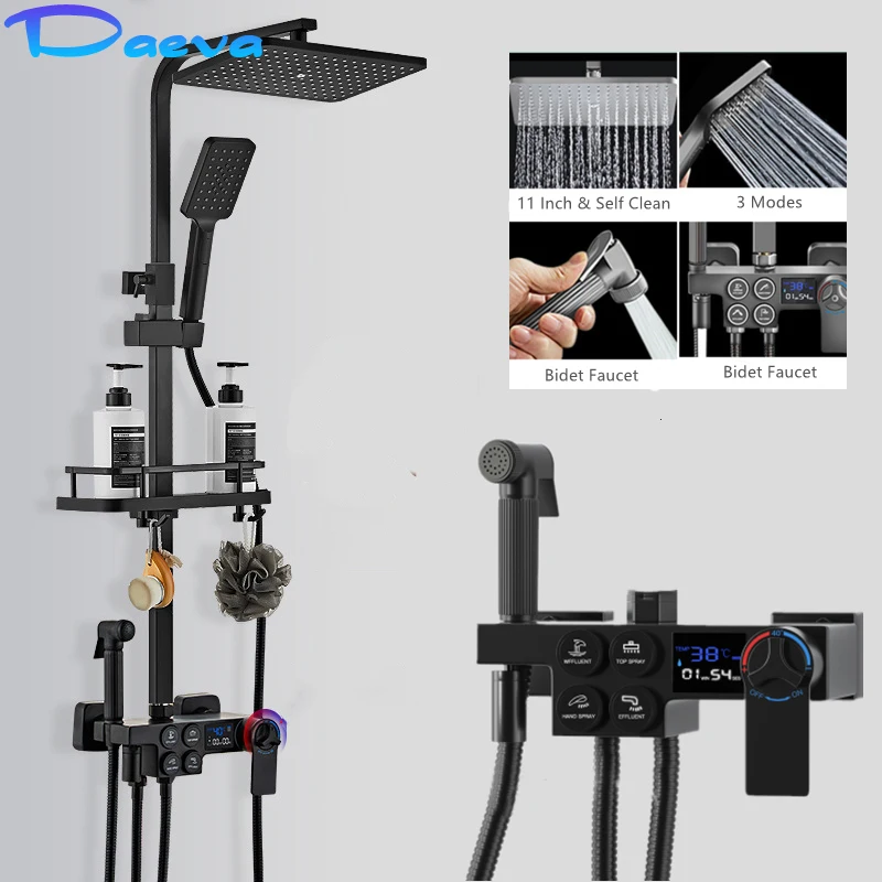 Black Thermostatic Shower Set Digital Display Faucet Bathroom Shelf Rainfall Bathtub Tap Water Flow Produces Power Generation
Black Thermostatic Shower Set Digital Display Faucet Bathroom Shelf Rainfall Bathtub Tap Water Flow Produces Power Generation