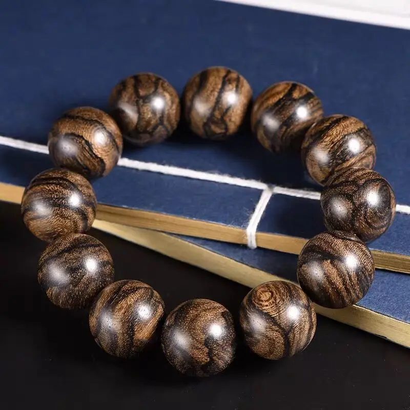 

Authentic Natural Vietnam Nha Trang Agarwood Bracelet Male Tiger Leather Pattern Crafts 2.5 2.0 Buddha Beads High-grade Jewelry