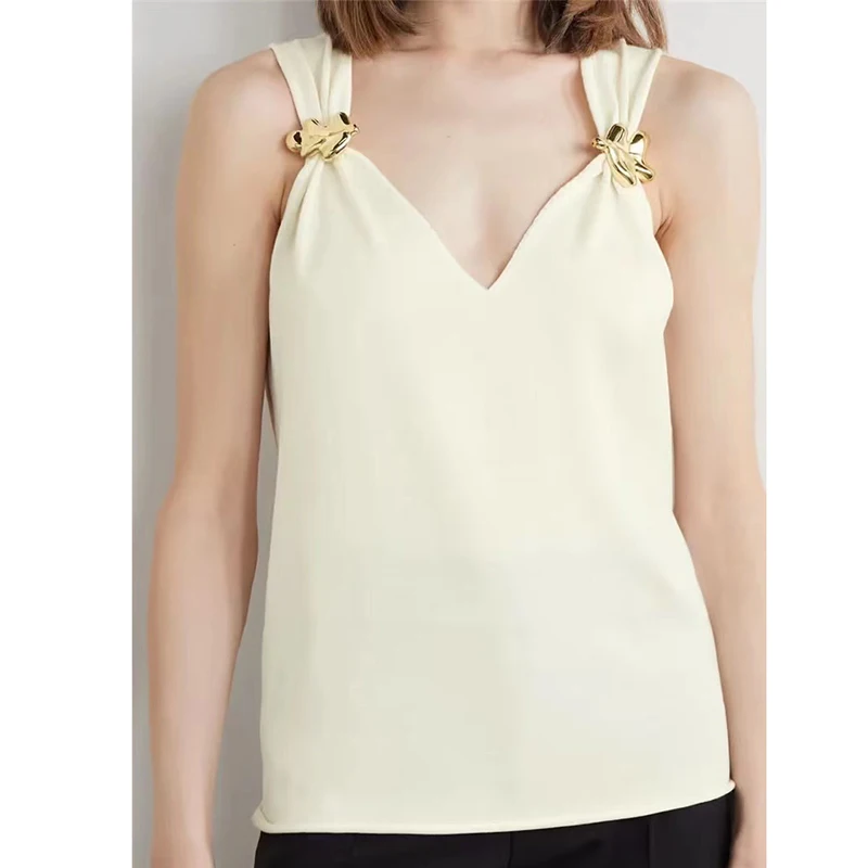 22 Summer New Runway Vests For Women Sexy 2 Color Sleeveless V-collar Tops Trendy Top Quality Loose Casual Gold Leaf Button Vest
22 Summer New Runway Vests For Women Sexy 2 Color Sleeveless V-collar Tops Trendy Top Quality Loose Casual Gold Leaf Button Vest