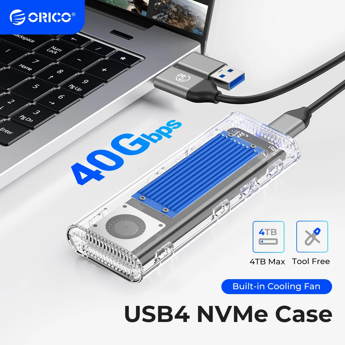 

ORICO USB4 M.2 SSD Case 40Gbps with Cooling Fan Compatible with Thunderbolt 3 4 USB3.2 M2 NVMe Case Enclosure for MacBook Pro