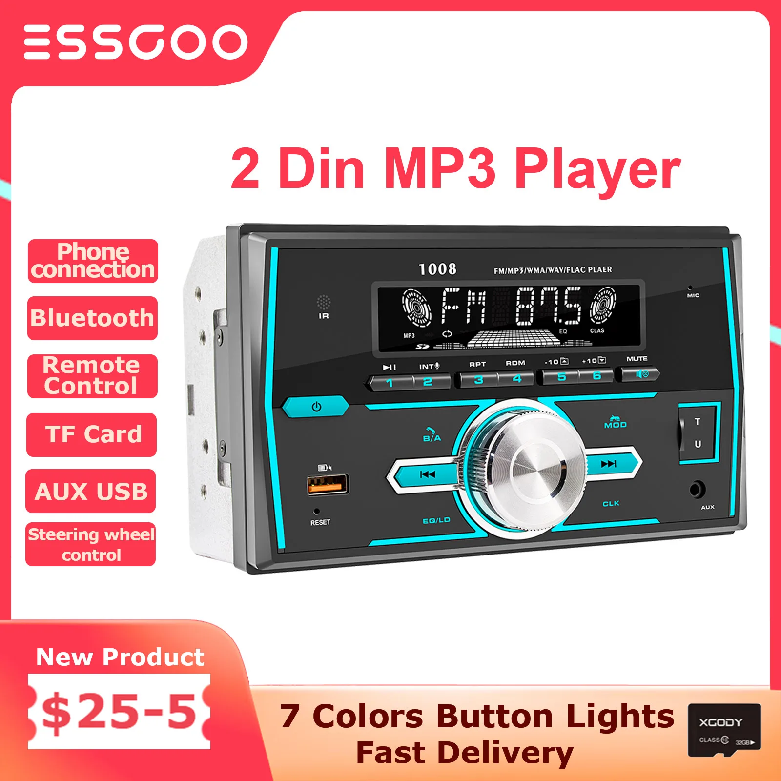 ESSGOO 2 Din Car Radio MP3 Player Autoradio Multimedia Auto Audio Car Stereo Universal Bluetooth USB TF FM AUX Remote Control
ESSGOO 2 Din Car Radio MP3 Player Autoradio Multimedia Auto Audio Car Stereo Universal Bluetooth USB TF FM AUX Remote Control