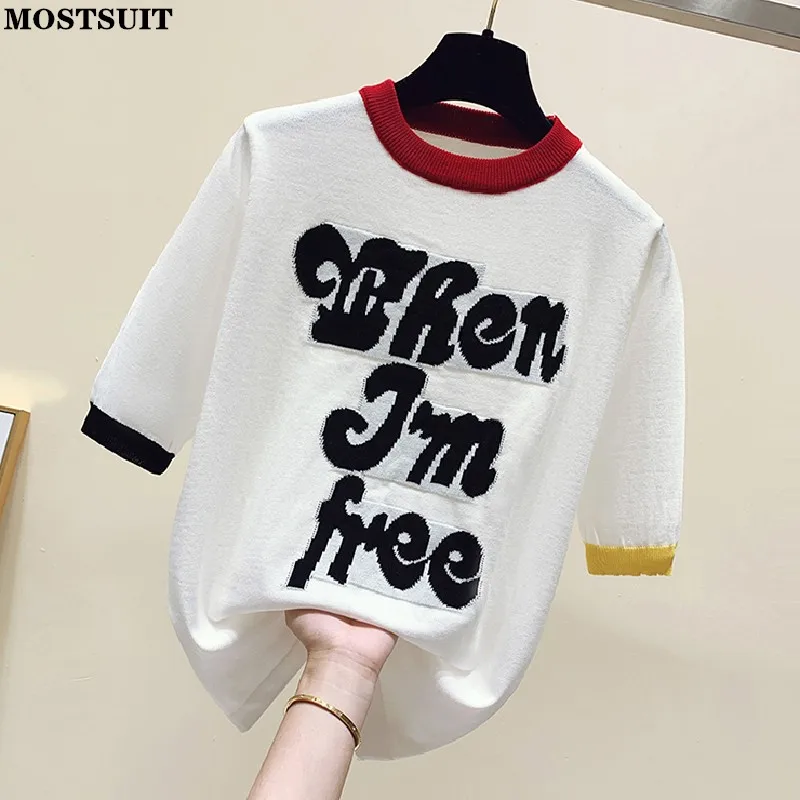 Summer Letter Knitted T-shirts Pullovers Women Ice Silk Thin Knit Casual Loose Tops Sweaters Color-blocked Fashion Knitwear 2022
Summer Letter Knitted T-shirts Pullovers Women Ice Silk Thin Knit Casual Loose Tops Sweaters Color-blocked Fashion Knitwear 2022