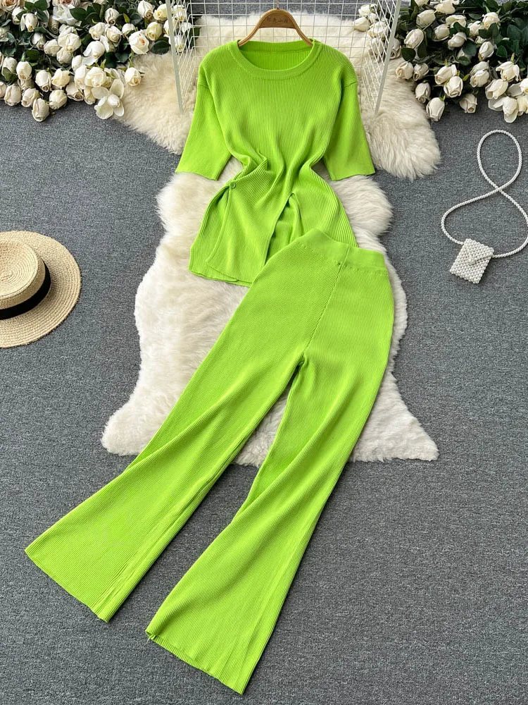 Summer French Gentle Knit Suit Female Split Short Sleeve Top High Waist Draped Wide Leg Trousers Two Piece Set Women D1203
Summer French Gentle Knit Suit Female Split Short Sleeve Top High Waist Draped Wide Leg Trousers Two Piece Set Women D1203