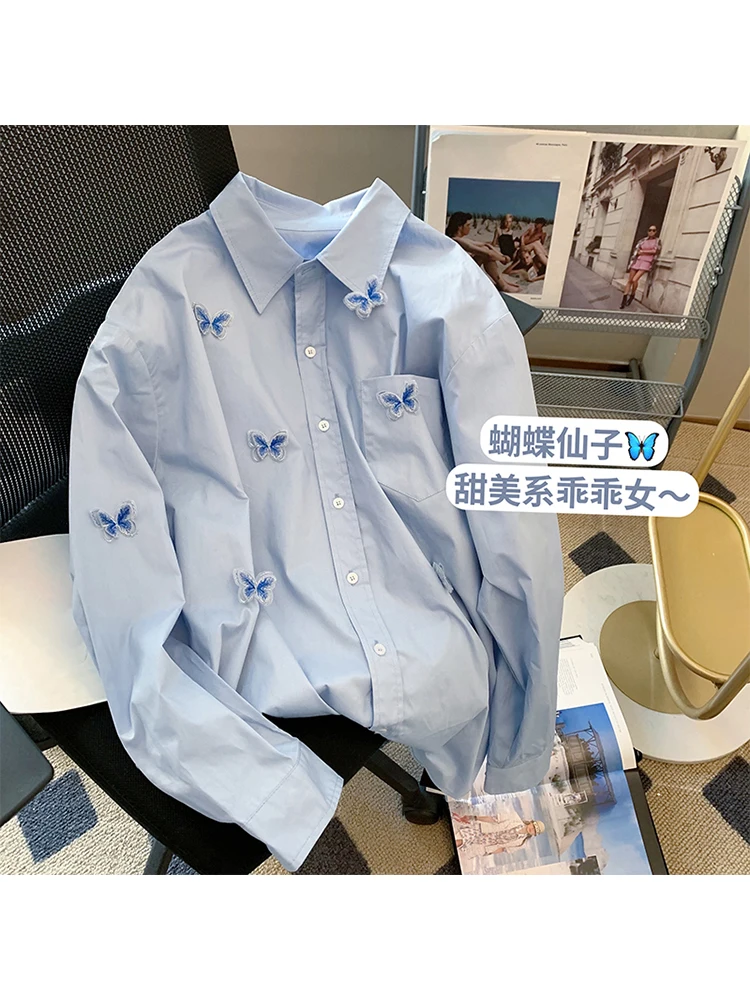 2022 Blue Blouses Women Korean Fashion Shirts Butterfly Single Breasted Loose Long Sleeve Casual Spring Sweet Chic Tops Feamle
2022 Blue Blouses Women Korean Fashion Shirts Butterfly Single Breasted Loose Long Sleeve Casual Spring Sweet Chic Tops Feamle