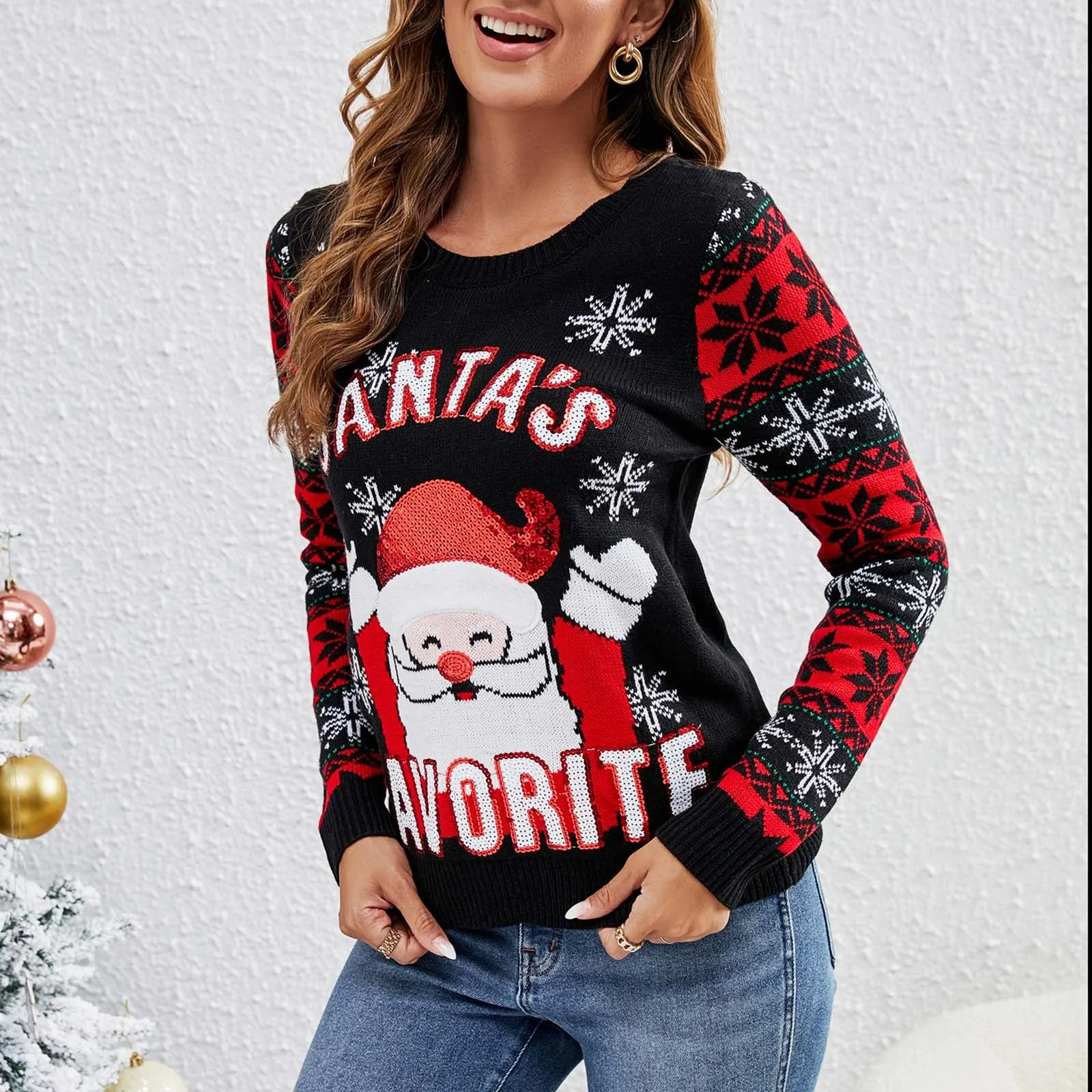 

Рождественский женский свитер, пуловер, топ свободного кроя, с длинным рукавом, о-образным вырезом, Санта-Клаус, винтажная трикотажная одежда, повседневная зимняя женская одежда
