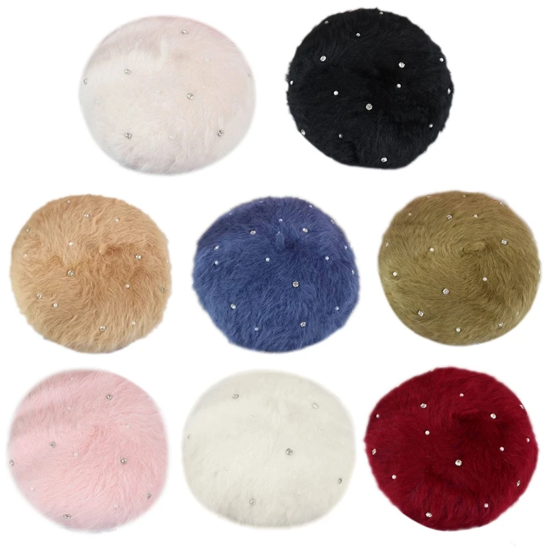 

French Style Women Winter Fuzzy Plush Beret for rhinestone Faux Pearl Embellished Solid Color Painter Pumpkin Beanie