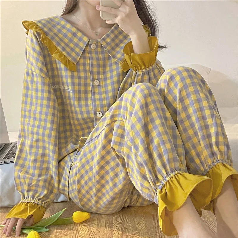 Women Pajama Sets Long Sleeve Button Top Elastic Waist Pants Loose Lounge Homewear Cute Autumn Ruffles Pajamas 2pcs
Women Pajama Sets Long Sleeve Button Top Elastic Waist Pants Loose Lounge Homewear Cute Autumn Ruffles Pajamas 2pcs