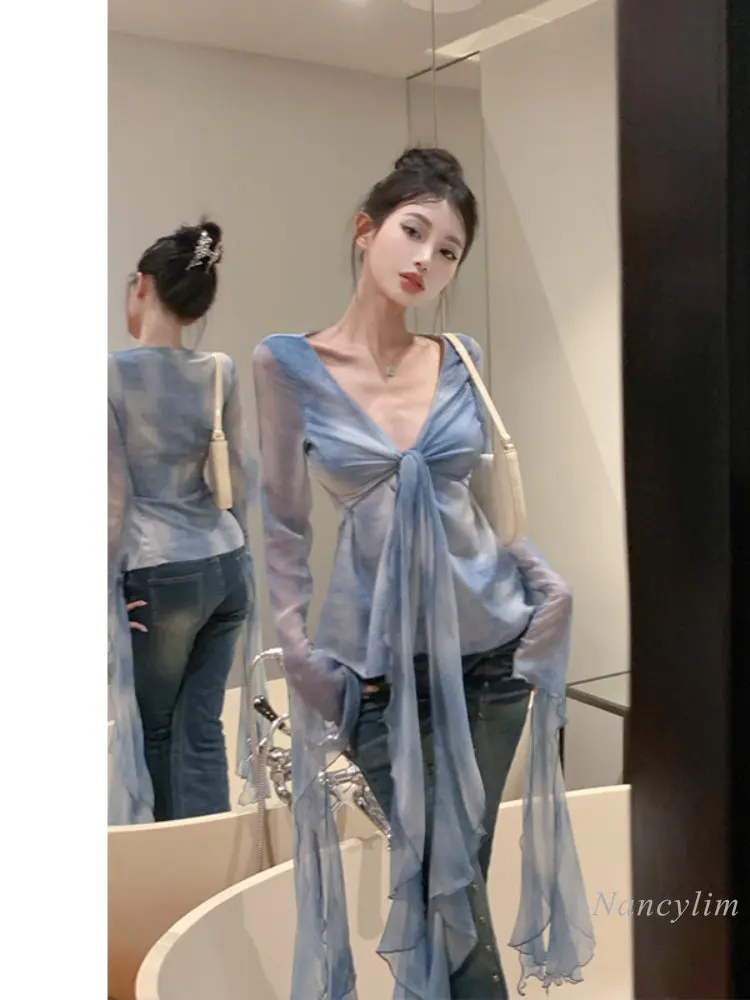 

Blue Tie-Dyed Top for Women Socialite Temperament High Sense 2023 Summer New V-neck Pure Desire Style Long Sleeve Shirt Blusas