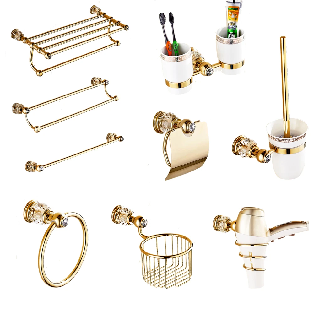Luxury Shiny Gold Crystal Brass Bathroom Accessories Set Ceramic Toothbrush Cup Toilet Paper Holder Towel Shelf Copper Products
Luxury Shiny Gold Crystal Brass Bathroom Accessories Set Ceramic Toothbrush Cup Toilet Paper Holder Towel Shelf Copper Products