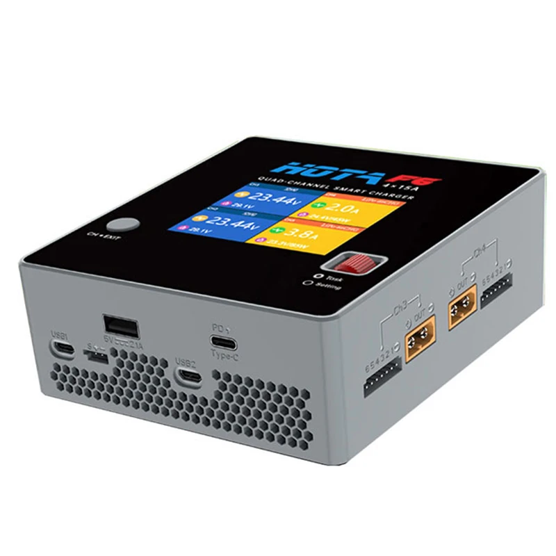 HOTA F6 4x250W 15A 4-канальное умное балансирующее зарядное устройство с Type-C для Lipo LiIon NiMH аккумулятора
HOTA F6 4x250W 15A 4-канальное умное балансирующее зарядное устройство с Type-C для Lipo LiIon NiMH аккумулятора